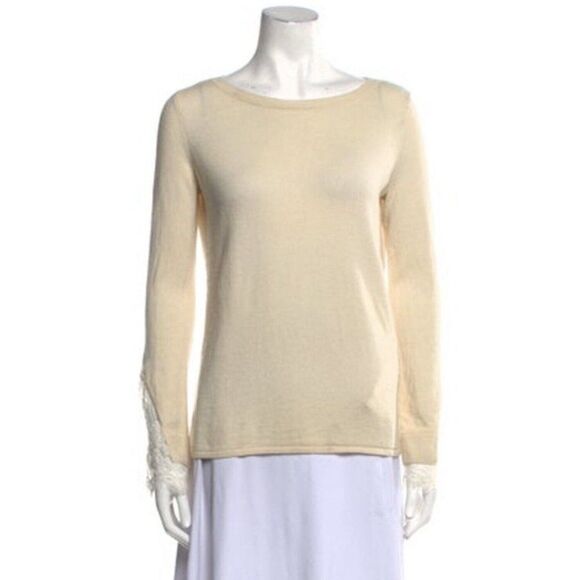 neiman marcus Authentic 100% cashmere Lace cream long sleeve sweater top medium - Picture 1 of 7